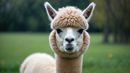 Fototapeta premium Alpaca Portrait Amid Green Grass and Farm Scene