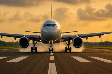 Obraz premium Airplane Preparing for Takeoff at Sunset