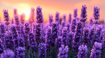 Sunset over a field of vibrant lavender flowers.