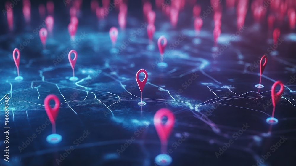 Poster glowing network map with location markers digital connectivity visualization