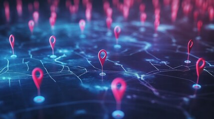 Glowing network map with location markers digital connectivity visualization