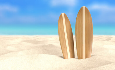 Two Wooden Surfboards Standing Upright in Sand on a Tropical Beach