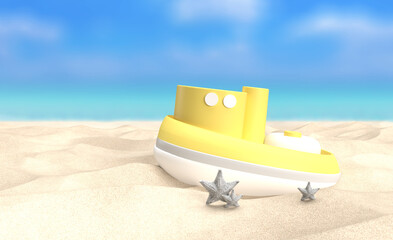 Toy Boat with Starfish on Sandy Beach Facing Clear Blue Ocean