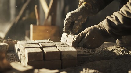 Bricklayer Arranging Bricks in Construction Site
