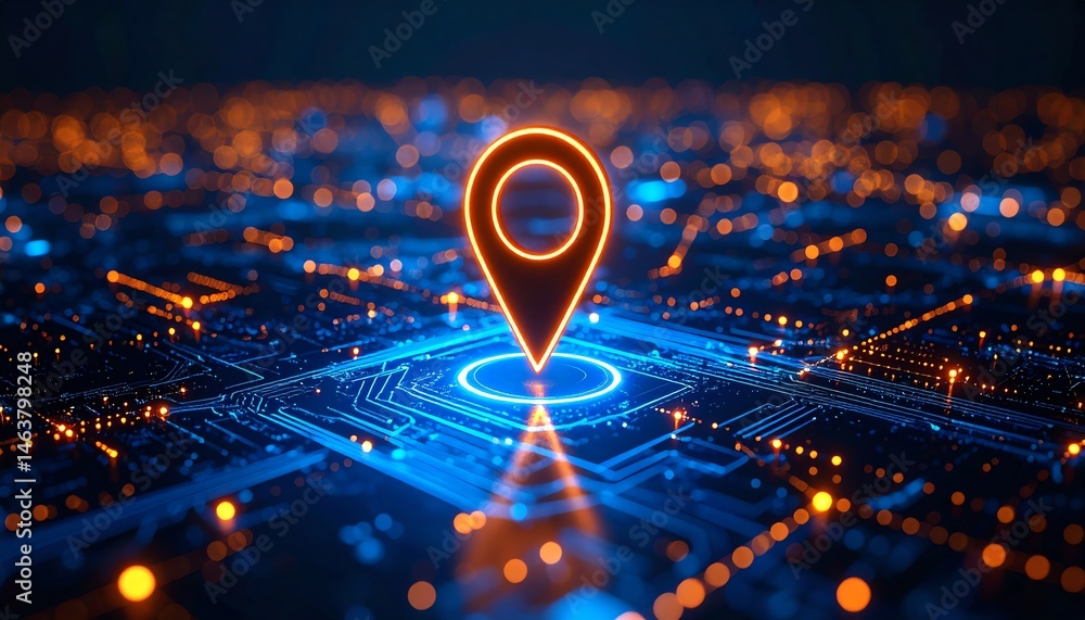Aufkleber a glowing location pin atop a digital circuit board, symbolizing technology and navigation in a vibr