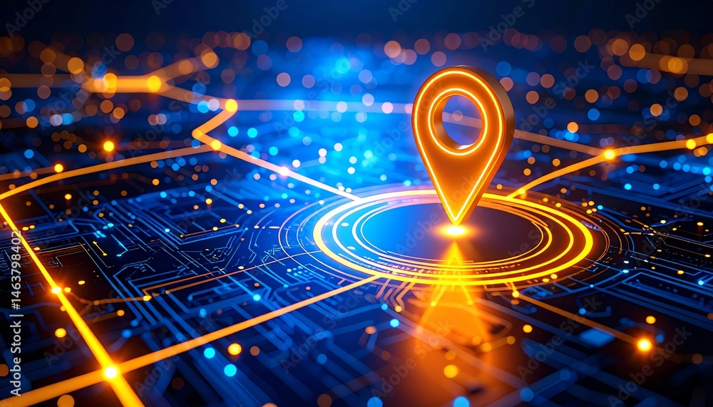 Poster a vibrant digital map featuring a glowing location pin, representing navigation and technology in a 