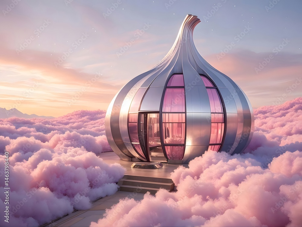Poster ピンクの雲の上に浮かぶ未来的なガーリック型構造物、幻想的な建築デザインと夢のような雰囲気