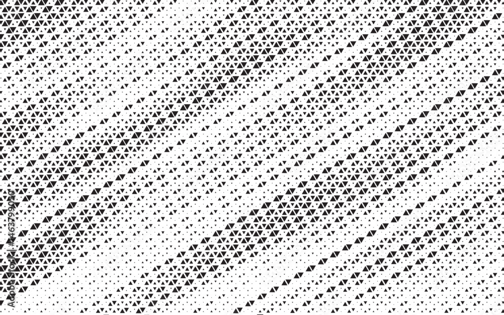 Poster Triangular halftone texture retro wave vector. Geometric technology abstract diagonal dotted background. Half tone triangles retro comic pattern. Minimal 80s style dynamic tech structure wallpaper.	