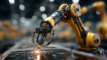 A close-up detailed view of a robotic arm precisely welding a circuit board in a modern factory setting.