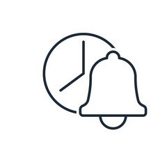 Clock with bell. Deadline. Term. Time limit. Vector linear icon isolated on white background.