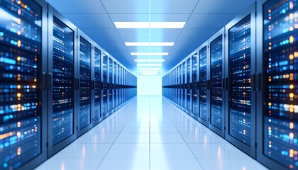 A futuristic server room with rows of servers, illuminated by blue and white lights, creating a high-tech atmosphere