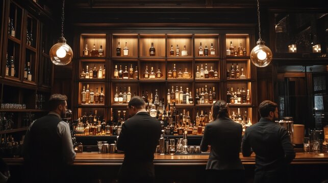Elegant bar scene with bartenders preparing drinks at night