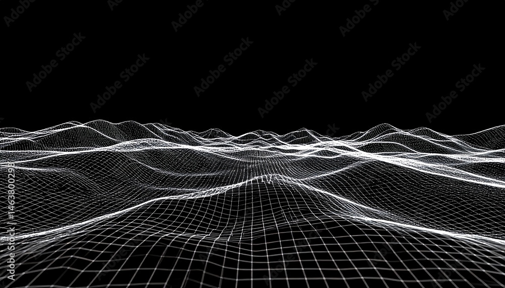 Poster a digital landscape of flowing waves is presented in a wireframe style, showcasing a futuristic and 