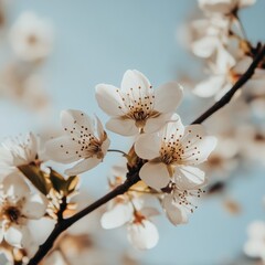 Obraz premium Blossoming white flowers against a soft blue sky