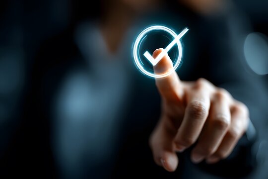 Finger pressing glowing checkmark digital approval successful completion technology business concept