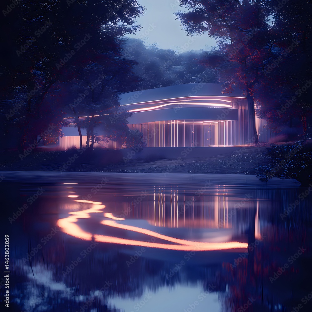 Aufkleber 湖畔の現代建築 美しい照明と水面反射 夜の雰囲気 自然背景