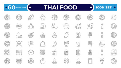 Thai food outline icon set. Included the icons as dumplings, skewer, sausage, grilled chicken wings, asian style, fruit bowl, pad thai and more. Editable stroke outline icon.
