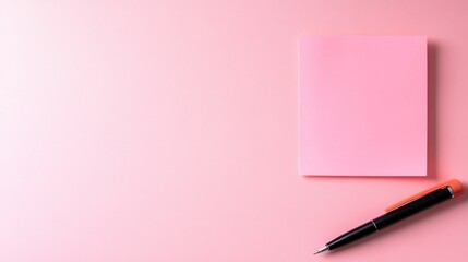 Pink sticky note and pen on pale pink background minimalist office stationery