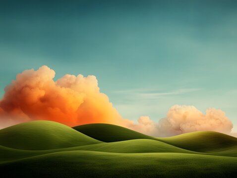 Serene pastoral countryside with rolling green hills and atmospheric clouds