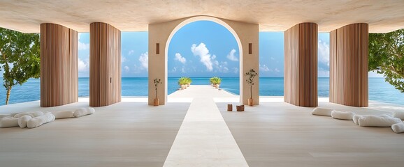 Luxurious ocean view interior with archway, pillars, serene beach scene, and natural lighting