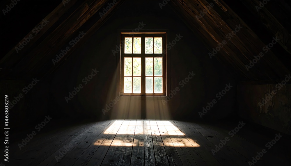 Poster a sunlit attic with wooden beams and a window casting light on the floor, creating a serene and tran