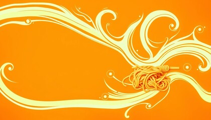 Fototapeta premium Vibrant orange background with swirling ramen noodle pattern, ample copy space, food, appetizing