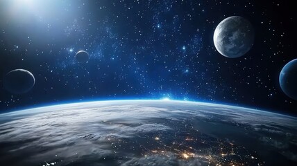 Obraz premium Planets Orbiting Earth in Space space earth planet orbit galaxy stars universe cosmos astronomy blue