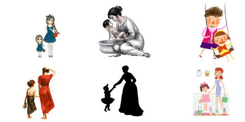 Playful Mother with Children Graphics Set
