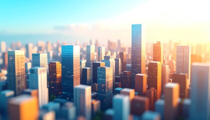 Fototapeta premium A vibrant city skyline bathed in warm sunlight, showcasing modern architecture and a bustling urban atmosphere