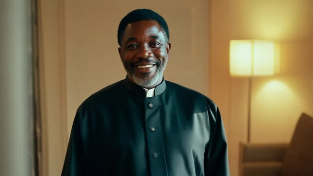 Dolly zoom in video of a middle-aged nigerian man in agbada walking confidently, facing the camera, through a warmly lit living room