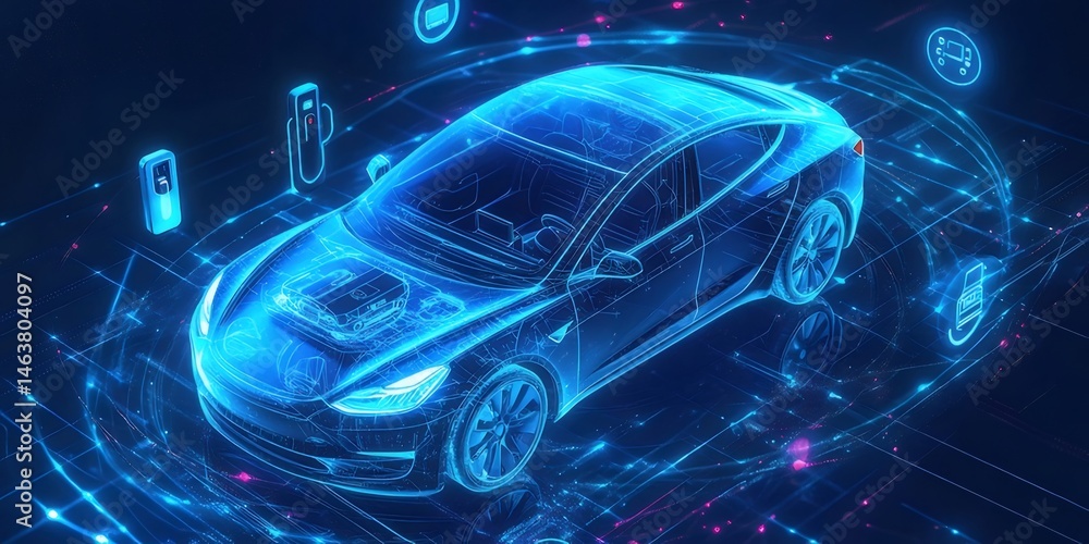 Poster 青い電気自動車の技術的なワイヤーフレームモデル 未来的なデジタル輸送システムとエネルギー充電の概念図