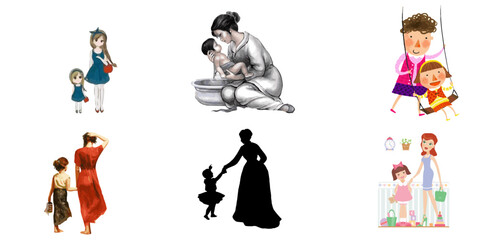 Playful Mother with Children Graphics Set
