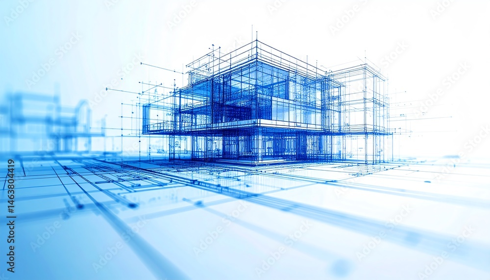 Poster a digital blueprint of a modern architectural structure, showcasing intricate lines and geometric sh