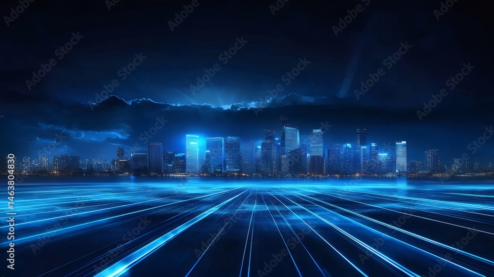 Aufkleber 青い照明と抽象的なデジタル要素を伴う夜の都会の景観 未来的な建築と夜景