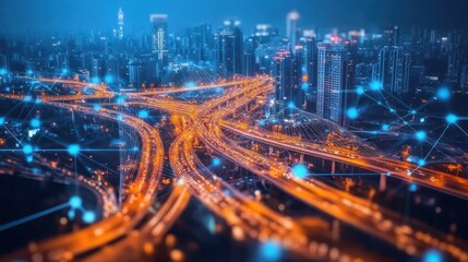 Obraz premium Cityscape night network data flow and connectivity urban infrastructure
