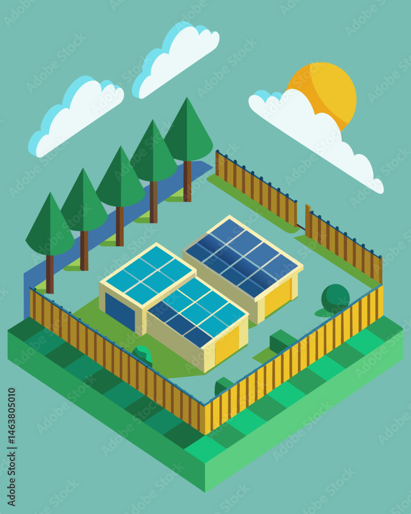 Poster the entire site enclosed by a fencing of solar panels providing not only energy but also security.. 