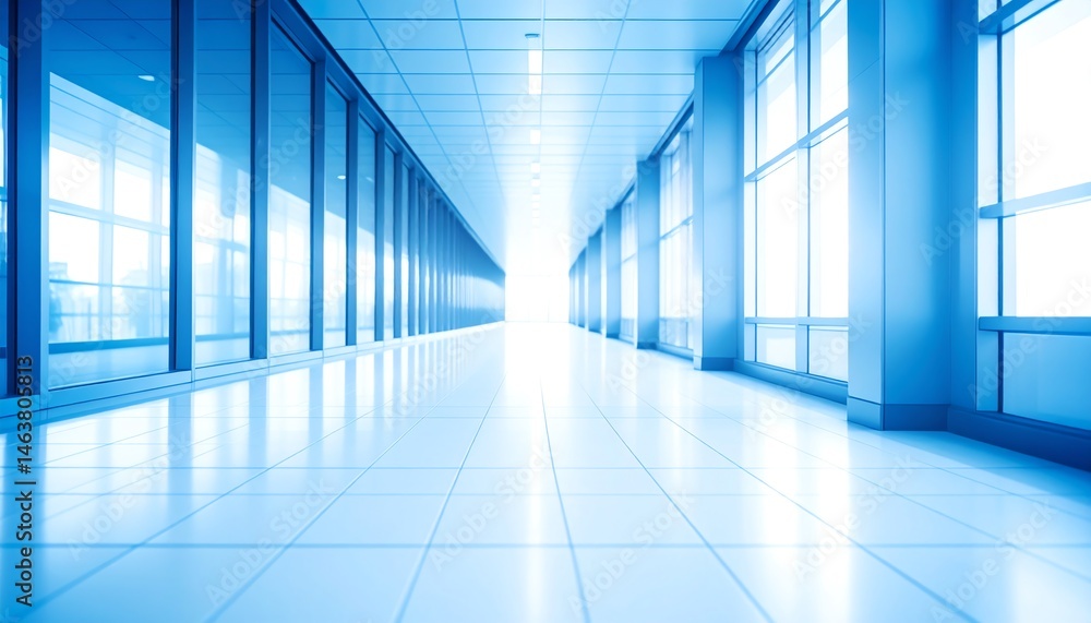 Poster a bright, clean corridor with large windows and smooth tiles, creating a serene and modern atmospher