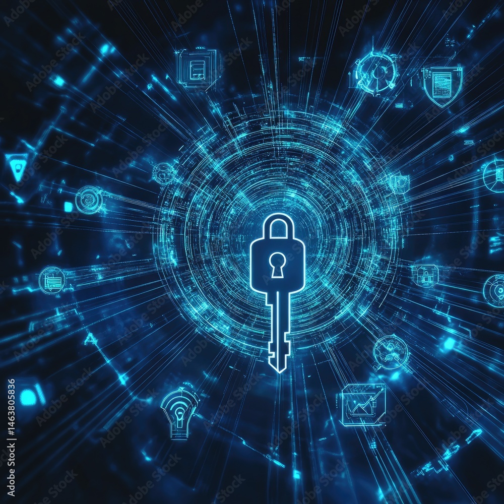 Poster cybersecurity key in a digital network