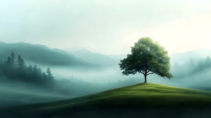 Serene pastoral landscape with a lone tree on a misty hill