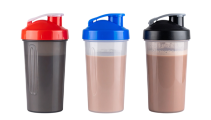 Three protein shaker bottles with colored lids are filled with a chocolate drink.