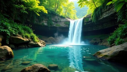 Obraz premium Waterfall cascading into a pool in the heart of the forest, lush vegetation, clear blue