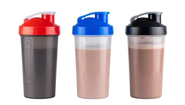 Three protein shaker bottles with colored lids are filled with a chocolate drink.