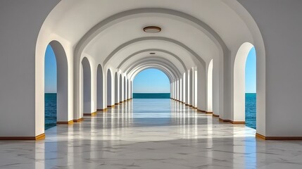 Fototapeta premium Sunlit Ocean View Through White Arched Hallway