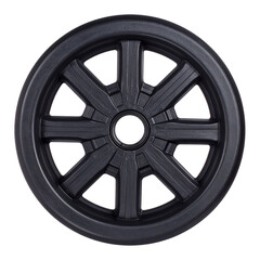 Sturdy black plastic wheel with a central hub and eight bold spokes radiating outward.