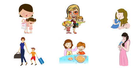 Diverse Motherhood Moments Vector Art: Family Life Illustrations

