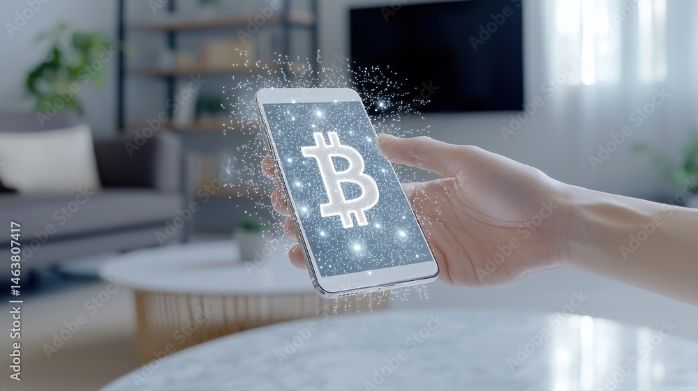 Poster bitcoin on smartphone: digital currency concept bitcoin cryptocurrency blockchain mobile smartphone