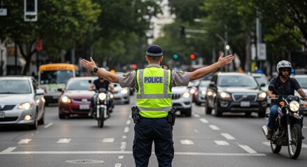 Traffic police officer directs vehicles on a city street with buildings.