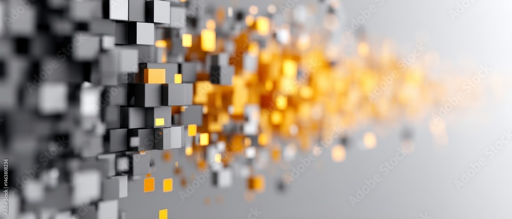 Poster abstract digital design with cubes and flowing colors.