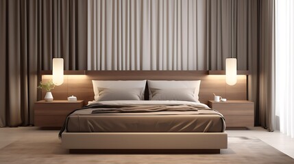 Neutral interior with warm tones, platform bed, dark beige curtains, and slab-style bedside table, 3d render