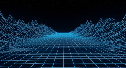 Blue Grid Landscape Background with Stars in Retro Synthwave Style